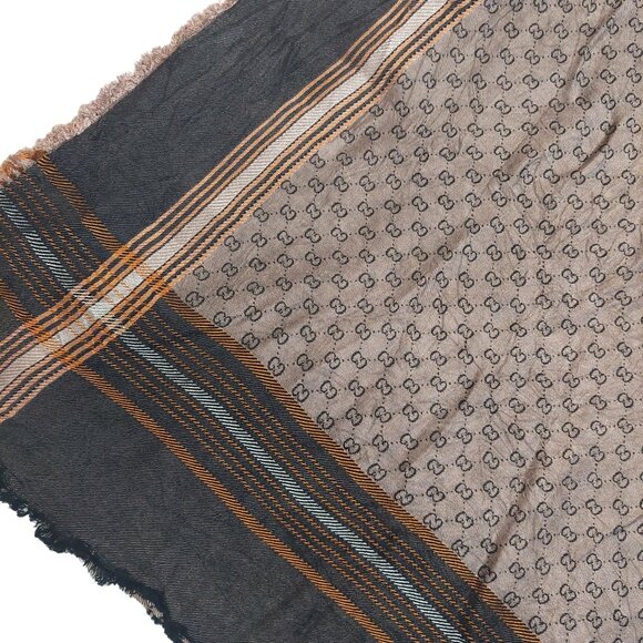 Gucci Vintage Brown Dual-Tone Monogram Orange Stripe Reversible Shawl Wrap Scarf - Picture 9 of 16